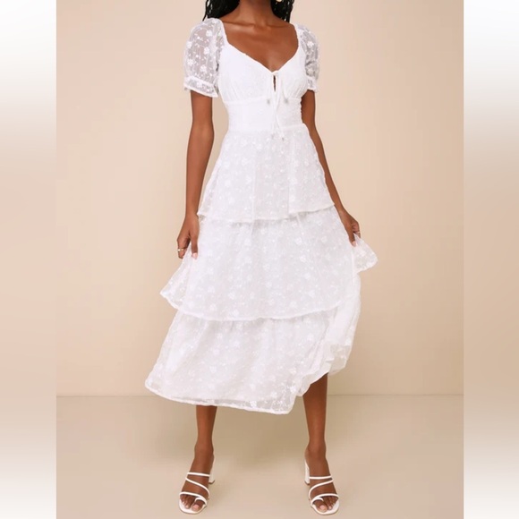 Lulus Dresses & Skirts - NWT Lulu’s Precious Sweetie Embroidered Lace Puff Sleeve Midi Dress